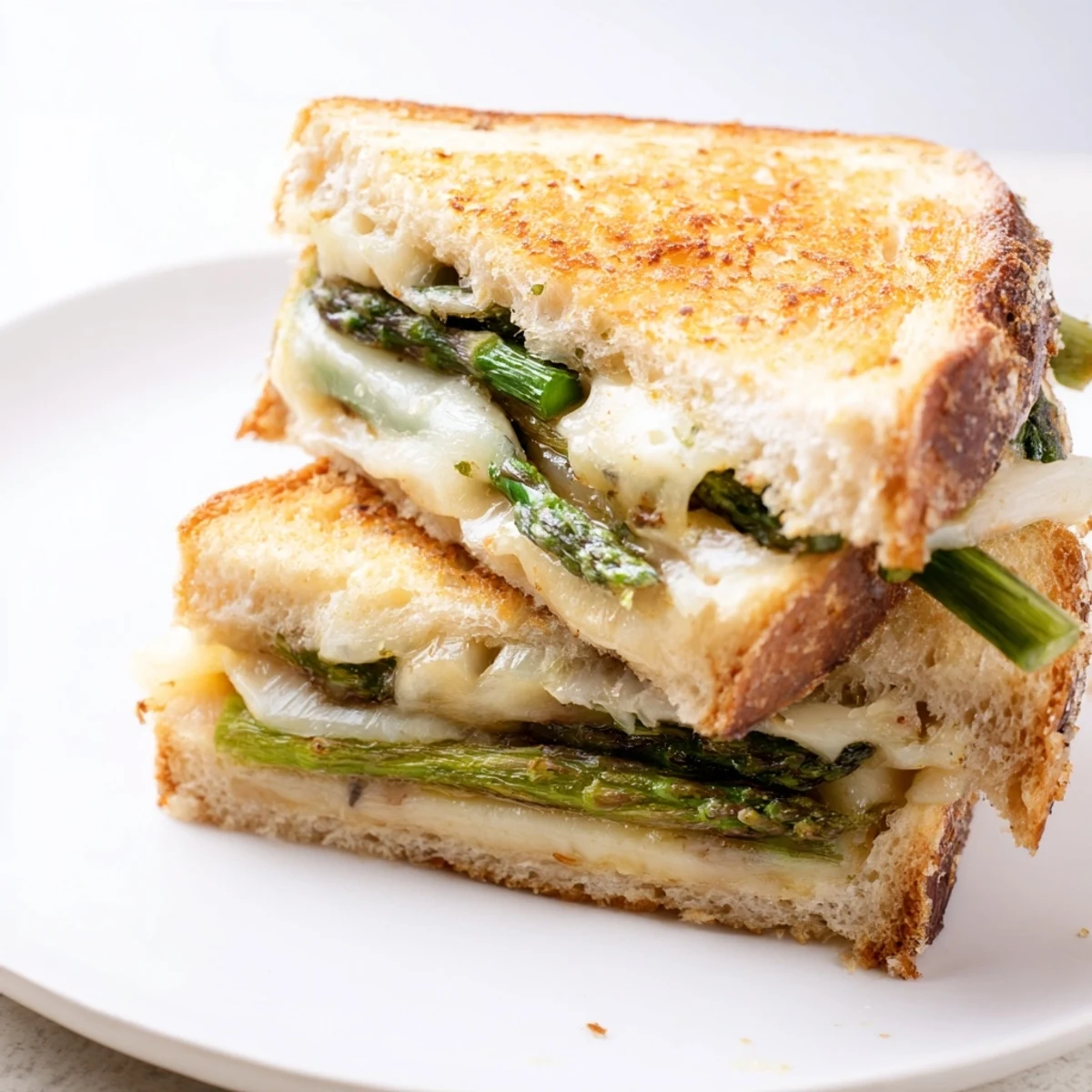 Golden, melty Asparagus & Brie Grilled Cheese, with toasted sourdough and grilled asparagus visible.