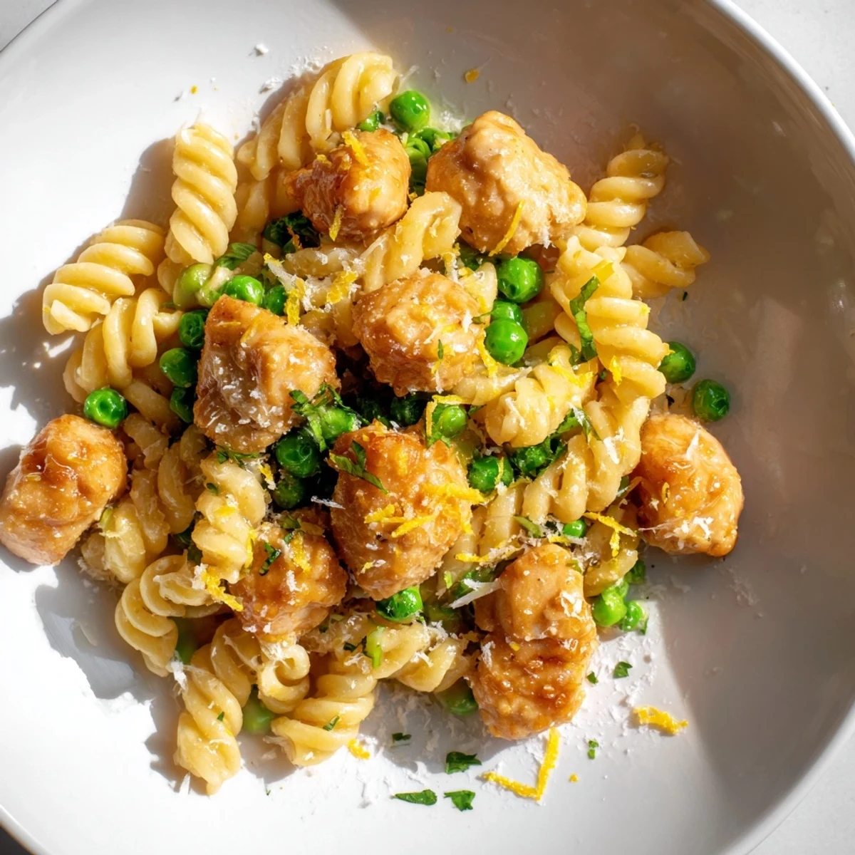 Creamy Garlic Butter Chicken & Pea Pasta, featuring golden chicken and vibrant peas, perfect for dinner.