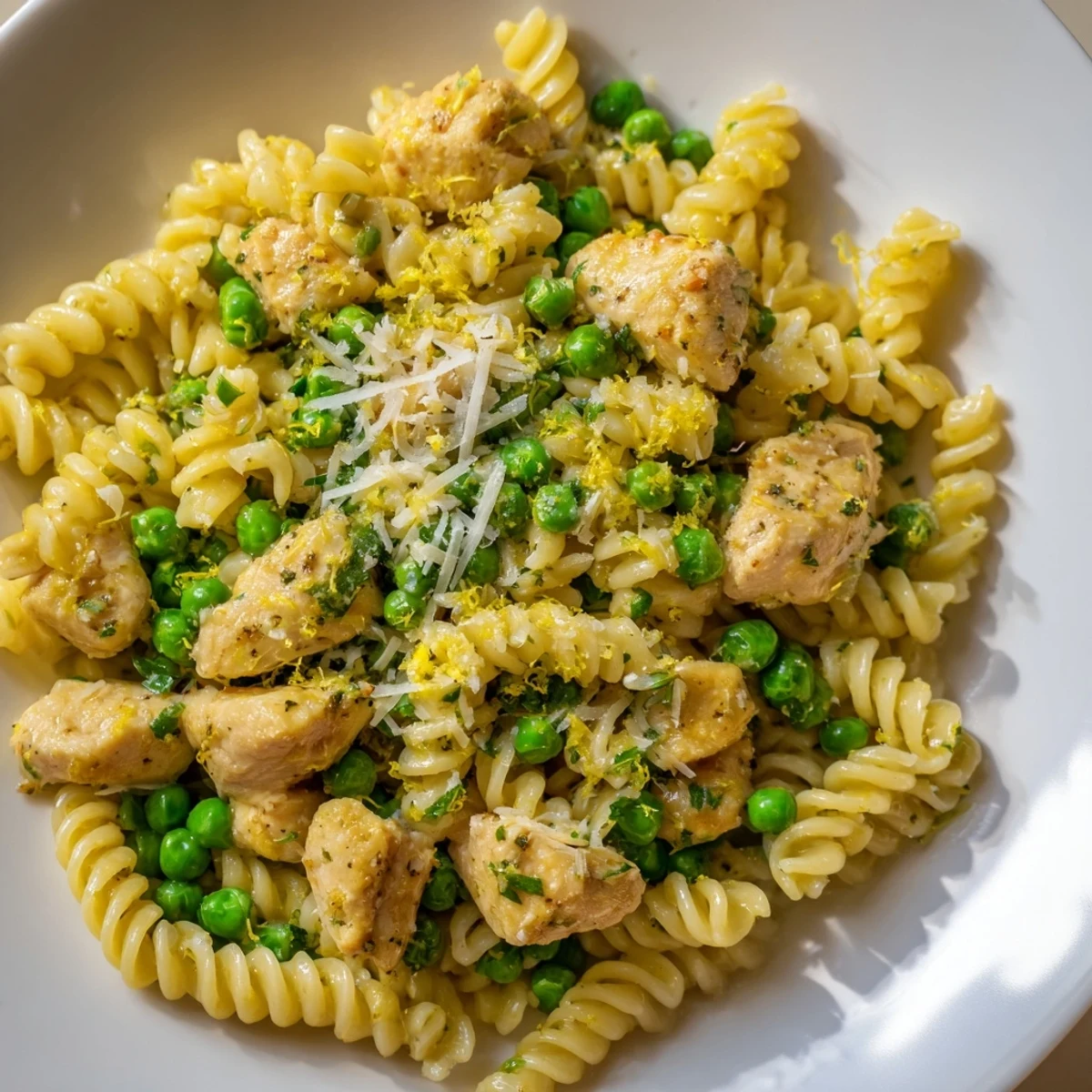 A flavorful Garlic Butter Chicken & Pea Pasta sits in a white bowl, ready to serve with Parmesan.