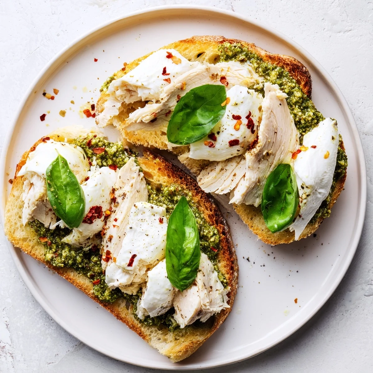 Golden, crusty Pesto Chicken Burrata Toast, topped with creamy burrata cheese and fresh basil, a delicious Italian meal.