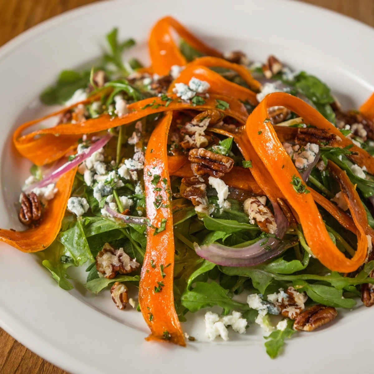 Golden, oven-roasted carrot ribbons arranged over fresh greens in this vibrant salad.