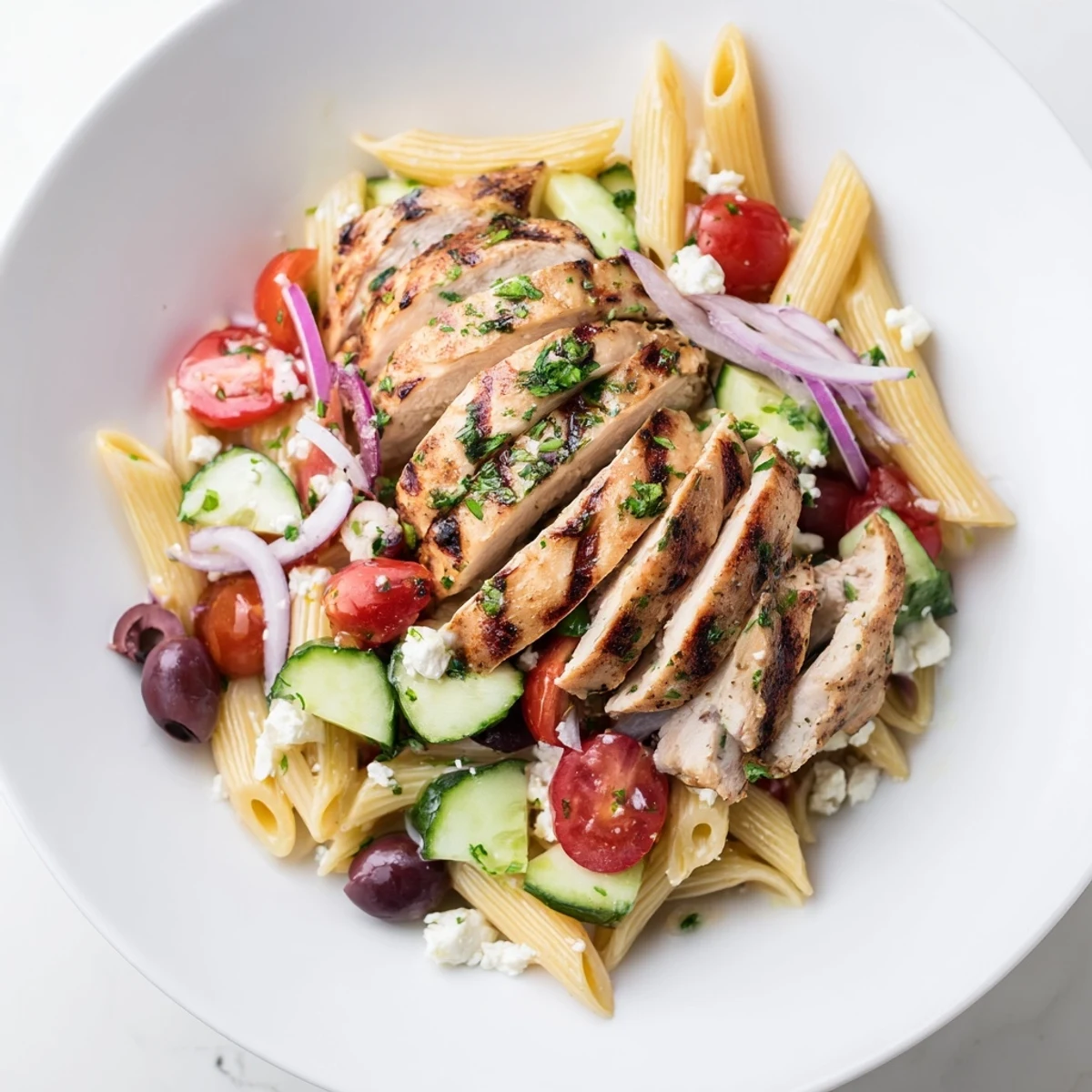 This zesty Greek Chicken Pasta Bowl features juicy chicken, olives, feta, and a flavorful dressing.