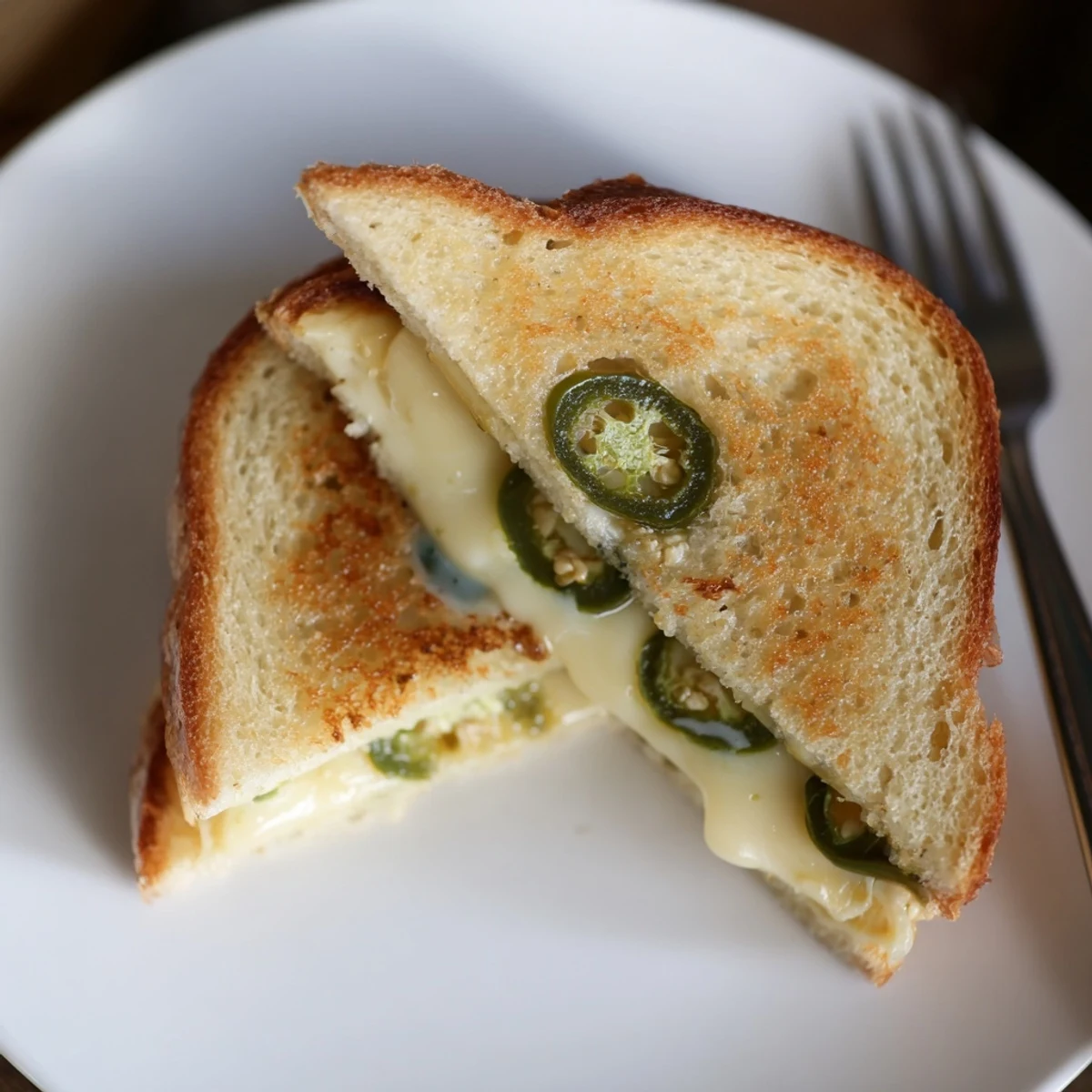 A close-up of a warm Jalapeño Havarti Grilled Cheese, oozing cheese and perfectly browned.