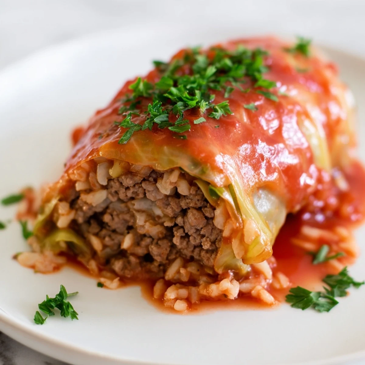 Tender cabbage rolls stuffed with seasoned meat and rice, swimming in rich tomato sauce, served hot in a ceramic dish.
