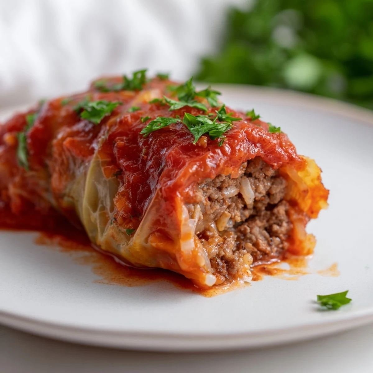 Hearty Eastern European cabbage rolls on a white platter, bubbling with tomato sauce and ready to serve with crusty bread.
