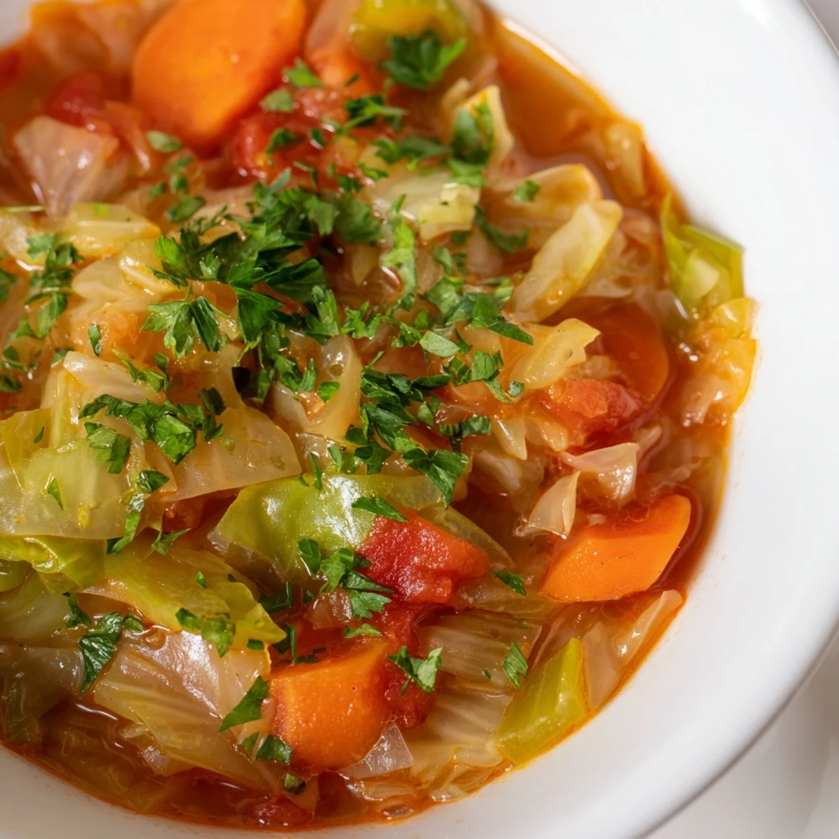 A steaming bowl of Classic Cabbage Soup with fresh parsley garnish, served beside crusty bread on a wooden table for a cozy meal.