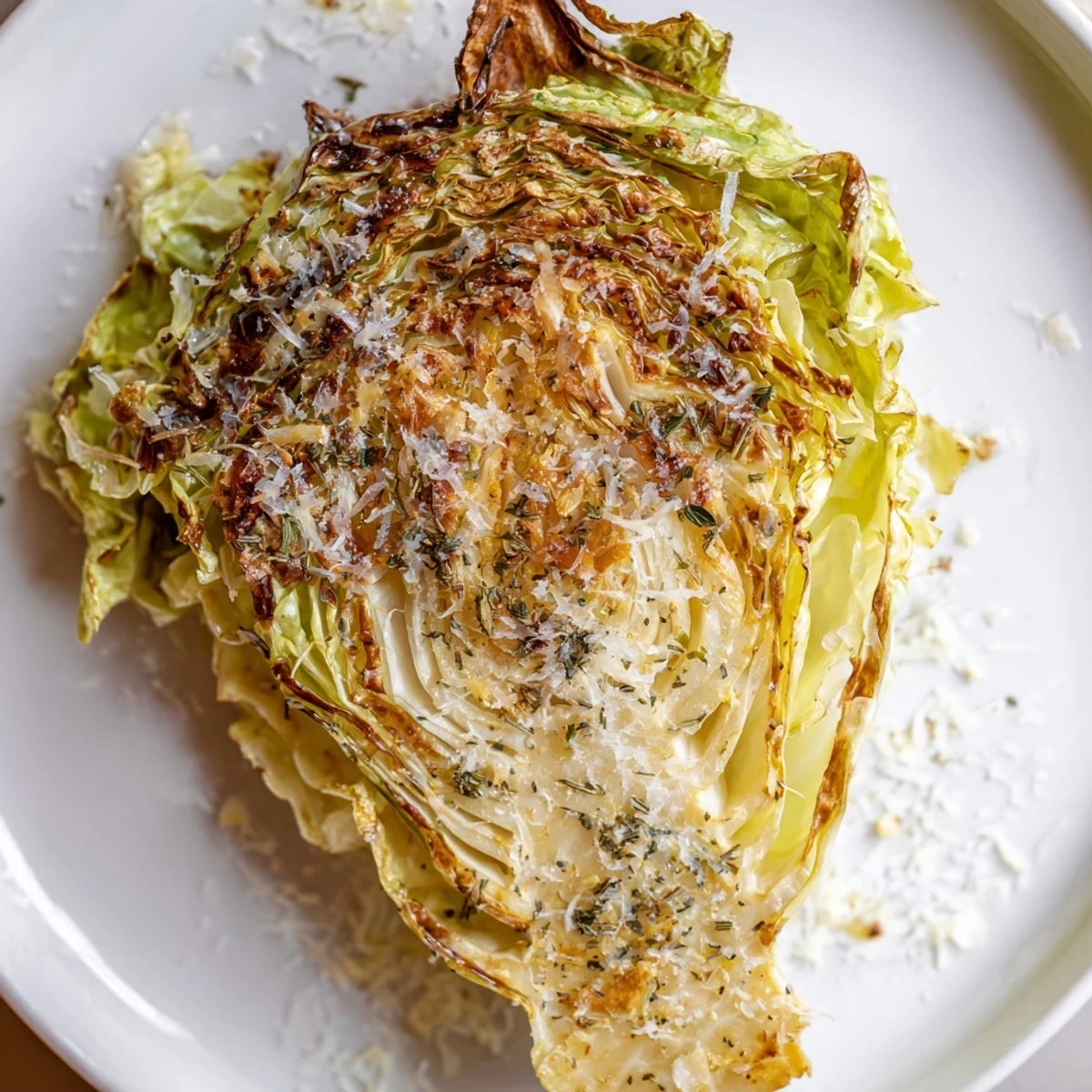 Golden roasted cabbage wedges brushed with garlic oil and topped with crispy Parmesan, served hot and savory.