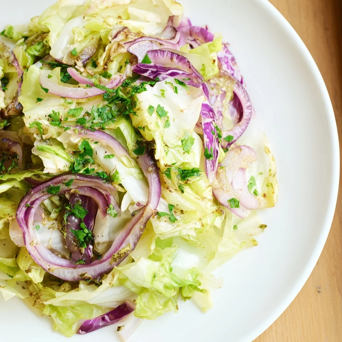 Tender sautéed cabbage with garlic and Mediterranean spices served alongside grilled chicken and olives on a rustic plate.