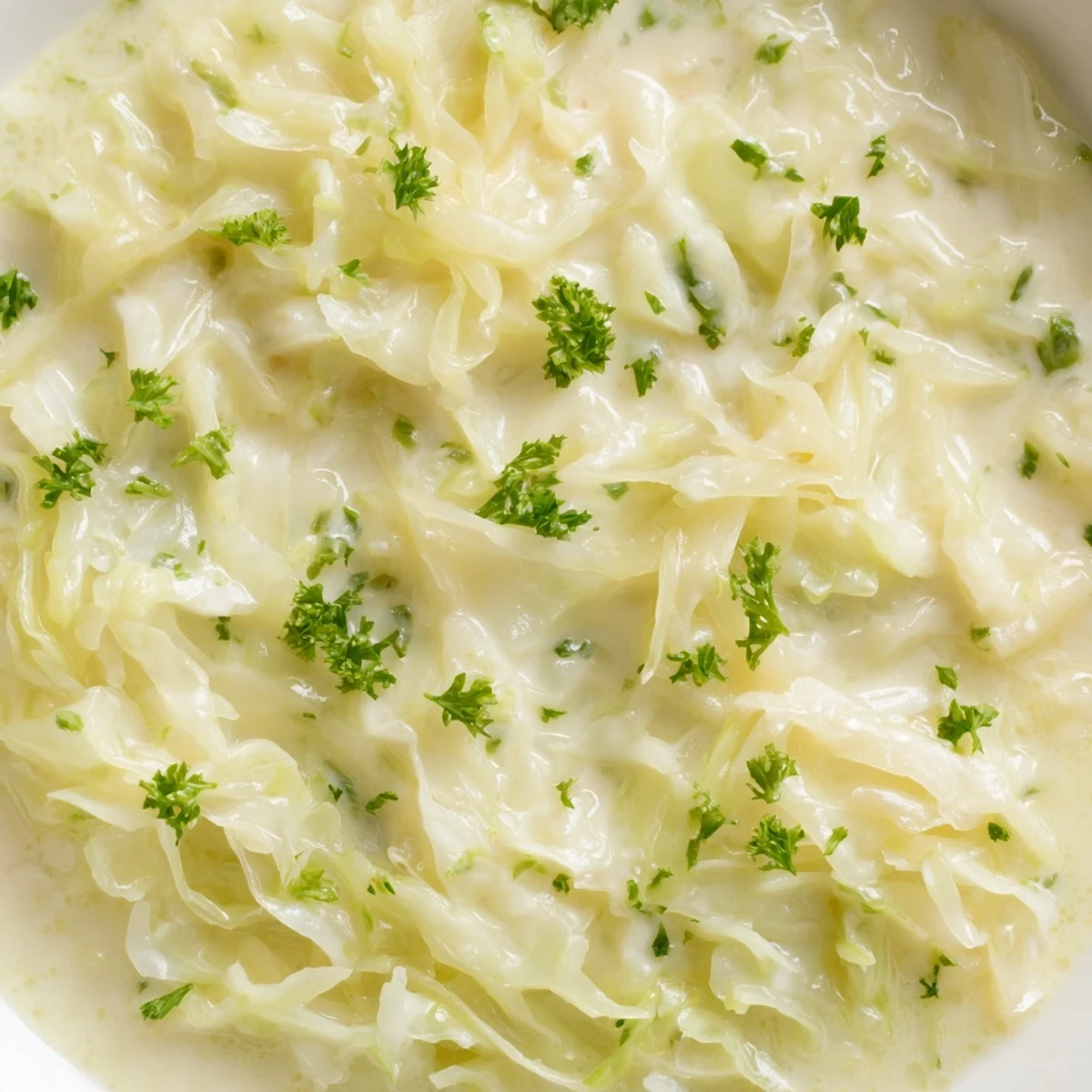 Creamed Cabbage served warm in a white bowl, garnished with fresh parsley, a rich and velvety side dish for weeknight dinners.  