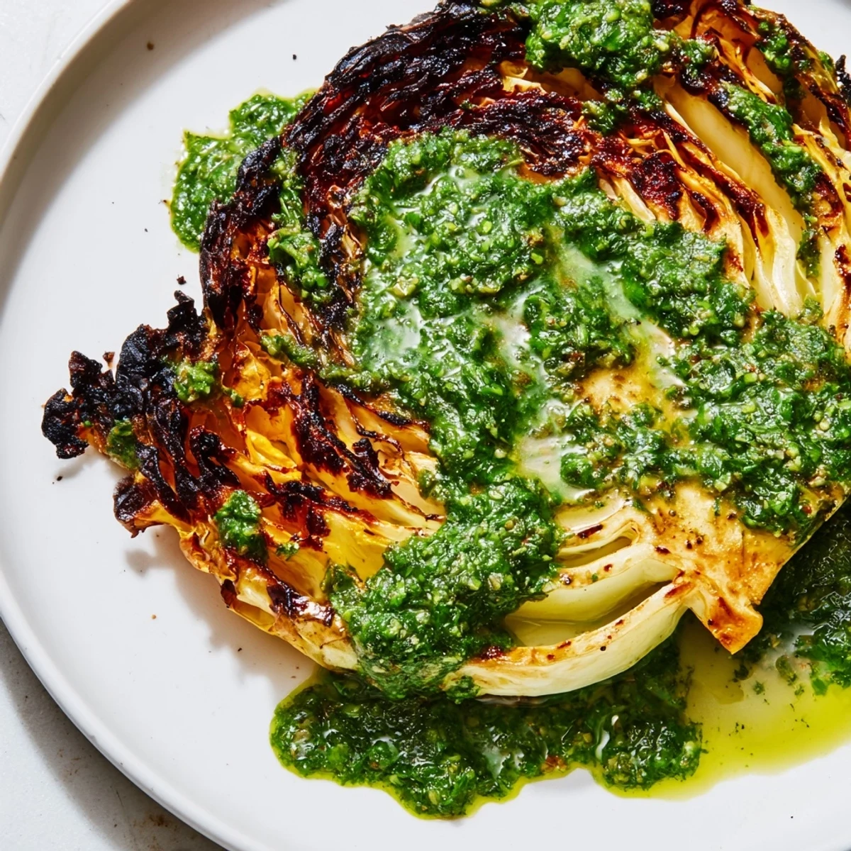 Golden roasted cabbage steaks with crispy edges, topped with a bright, spicy jalapeño chimichurri sauce.
