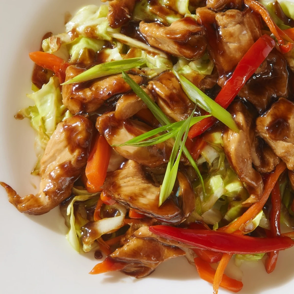 Tender chicken and crisp cabbage mingle in a glossy, savory sauce over fluffy white rice for a quick weeknight stir-fry.  