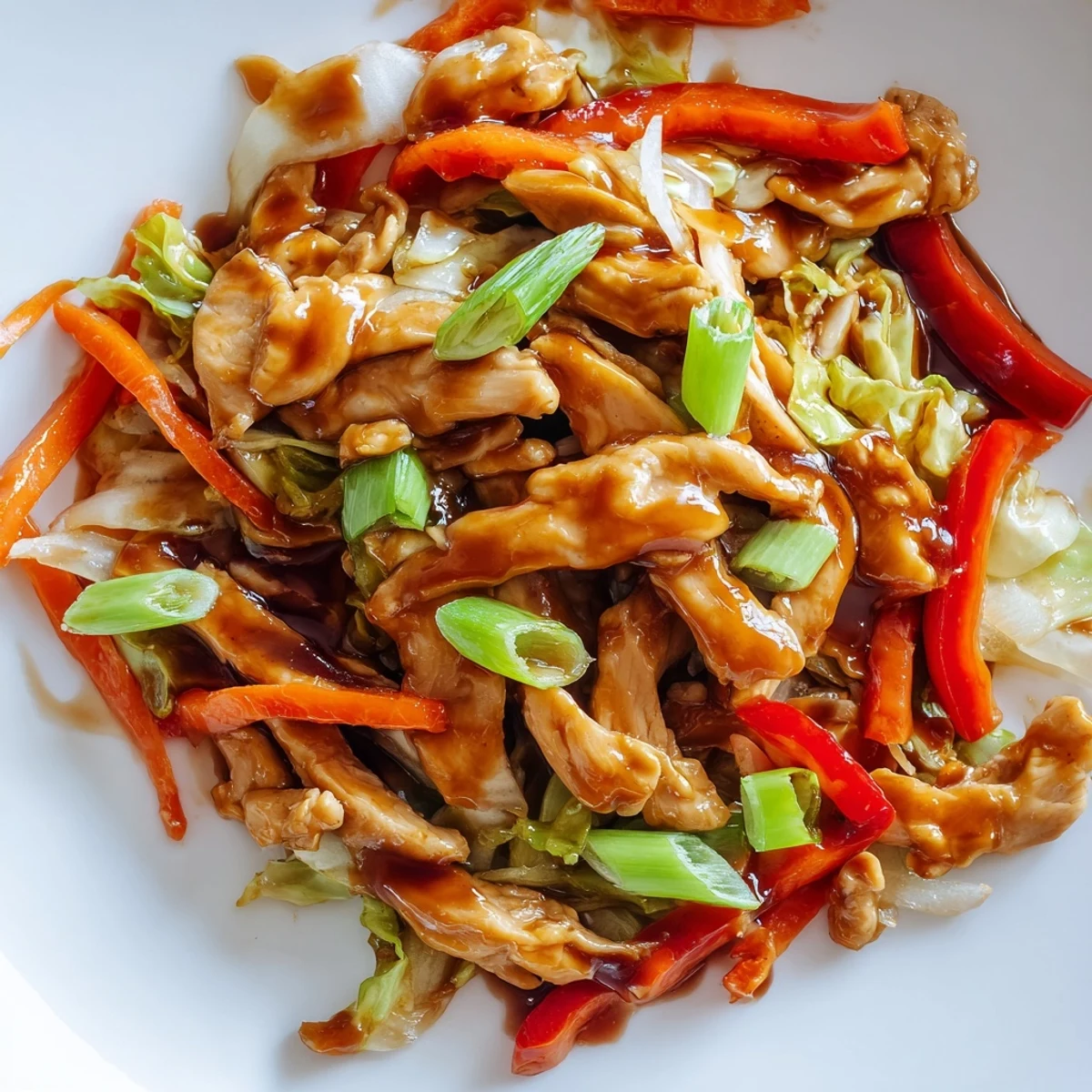 A close-up of colorful Chicken Cabbage Stir-Fry with vibrant red peppers, carrots, and green onions in an aromatic garlic-ginger glaze.  