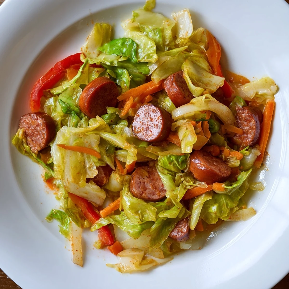 Smothered Cabbage With Sausage Skillet featuring smoky kielbasa and tender green cabbage in a savory one-pan dinner.  