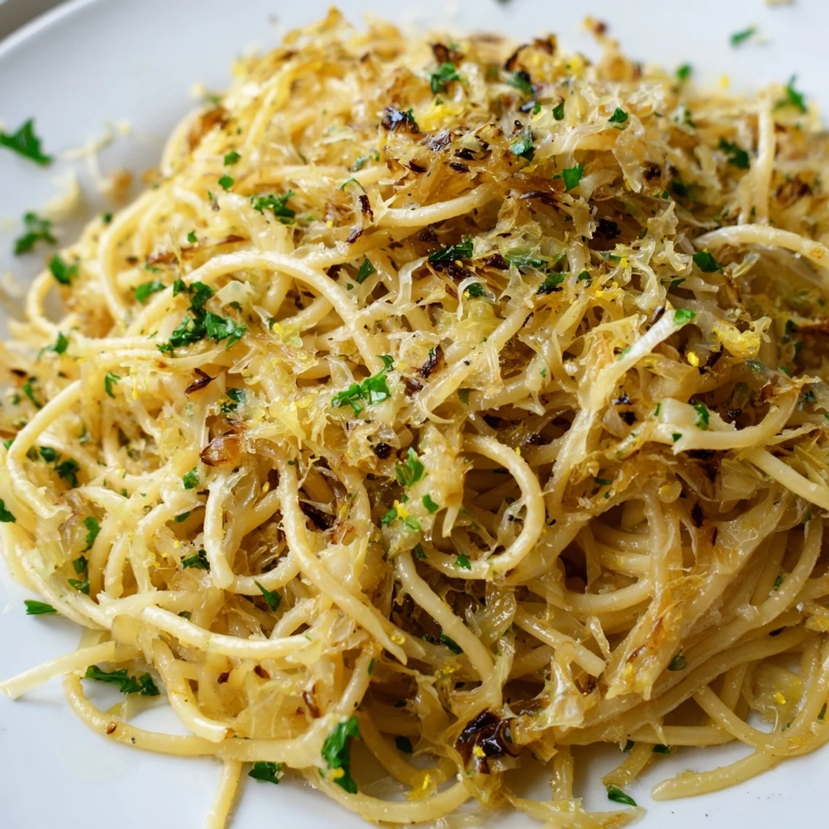 Steaming spaghetti tossed with caramelized green cabbage, garlic, and freshly grated Parmesan cheese.  