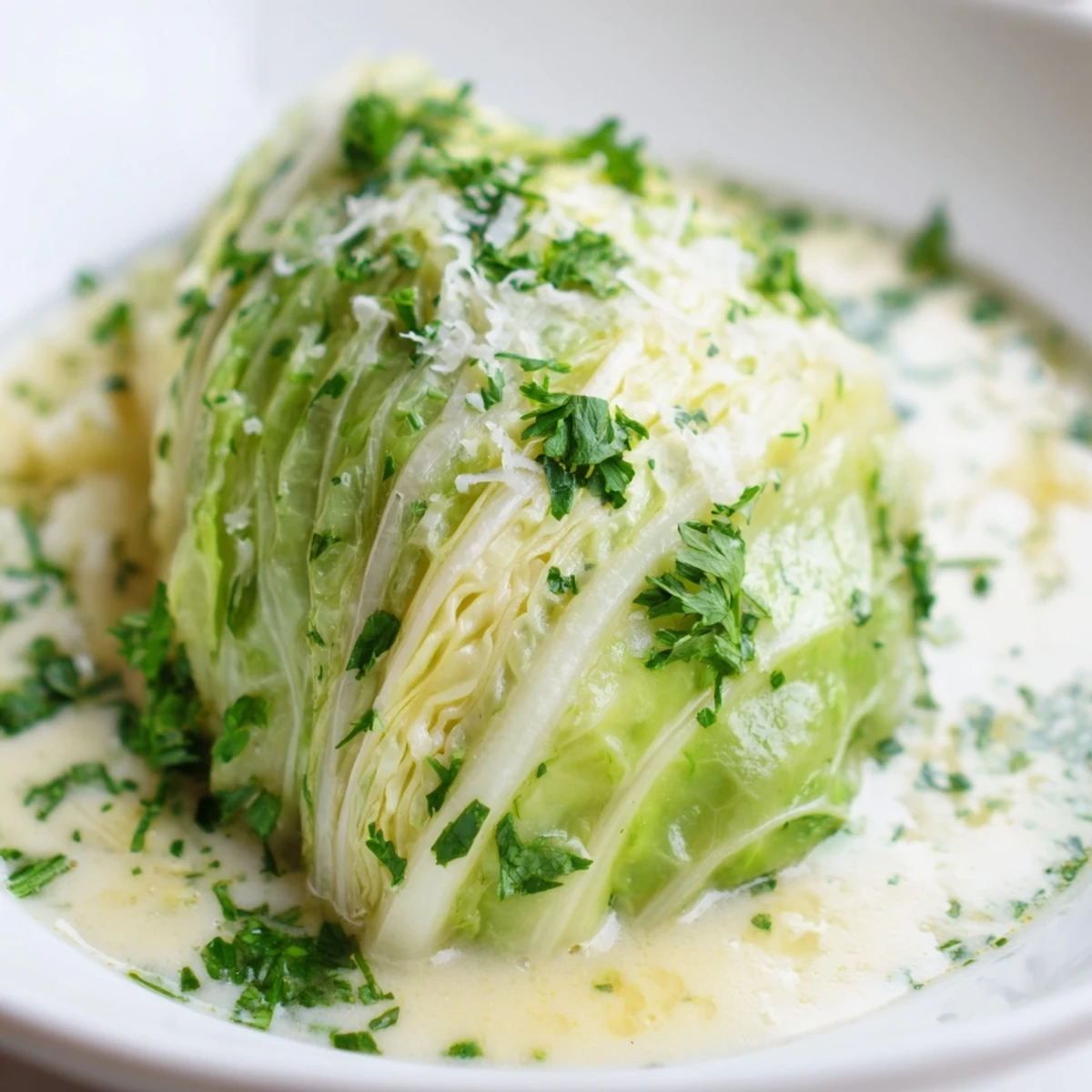 A close-up photo of tender Herby Cabbage in Parmesan Broth, steaming in a shallow bowl garnished with fresh chives.