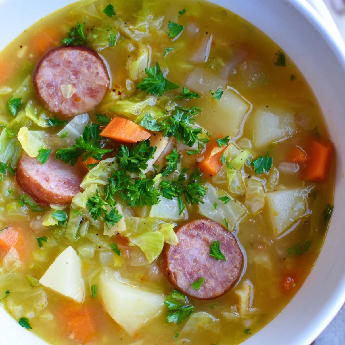 Steaming bowls of Sausage, Potato and Cabbage Soup feature tender cabbage and creamy potatoes in a savory broth, garnished with fresh parsley.