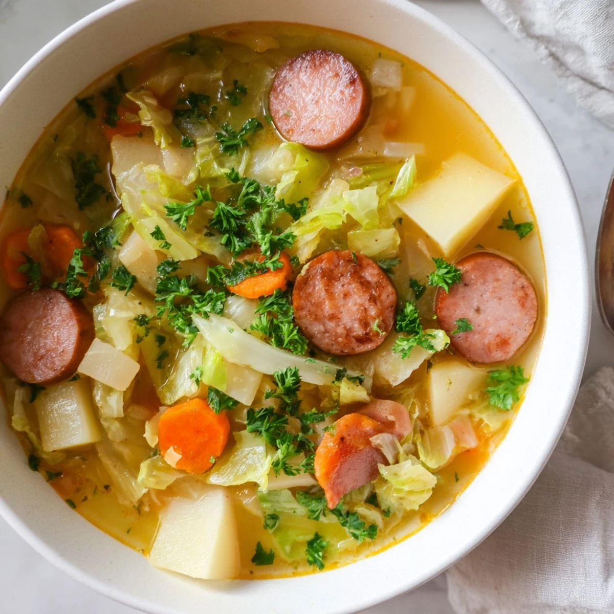 Close-up of Sausage, Potato and Cabbage Soup showing rich broth, soft potatoes, and chopped green cabbage, served with a side of crusty bread.
