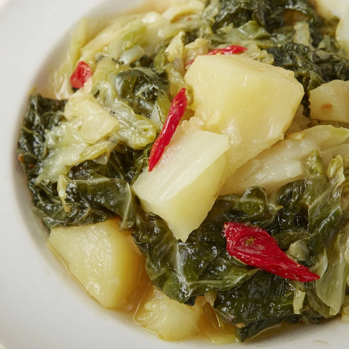 A comforting, one-pot meal of buttery braised cabbage with potatoes and chili, perfect for chilly evenings.