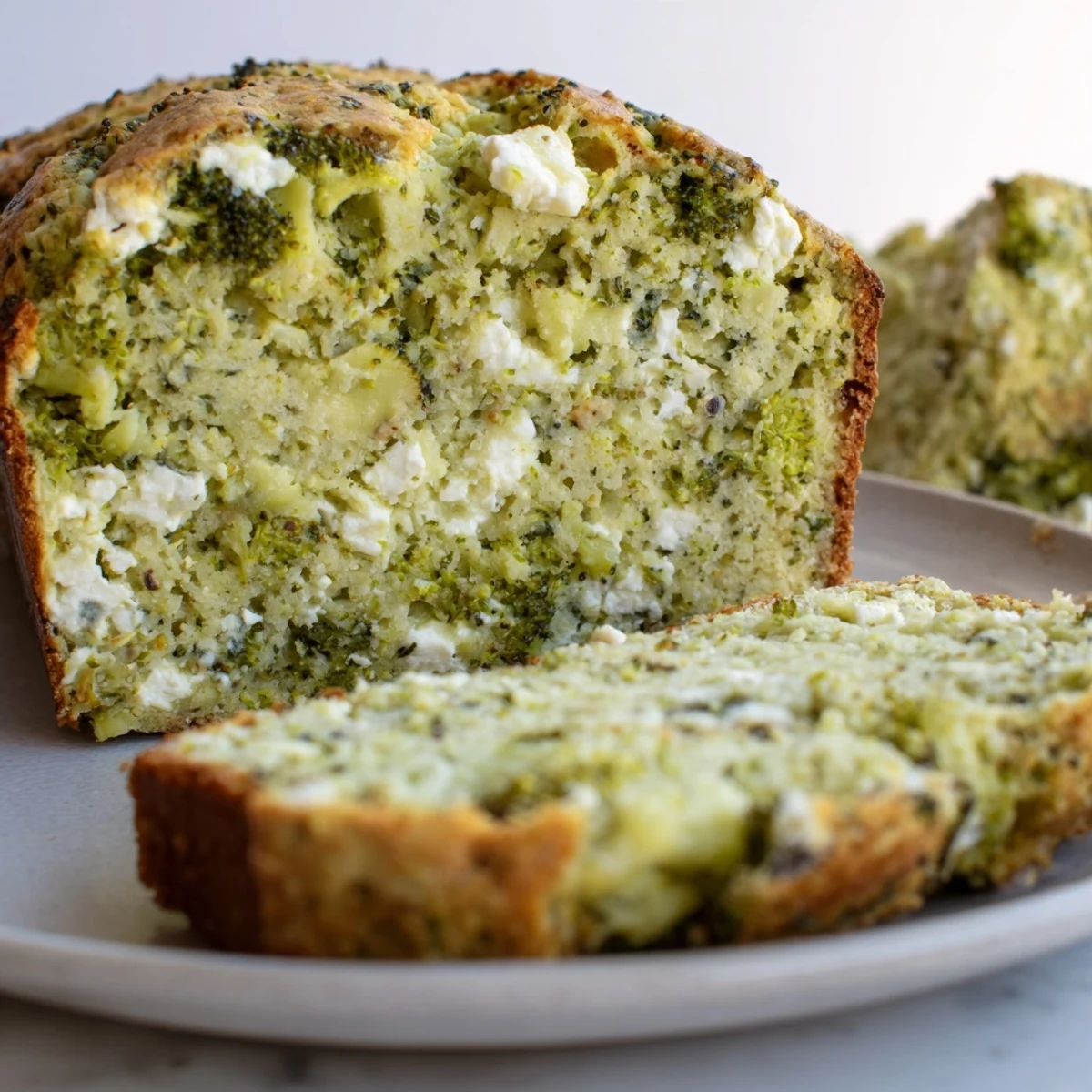Moist and savory Mediterranean-style broccoli and feta loaf with creamy cheese, perfect for a nutritious snack or light lunch.  