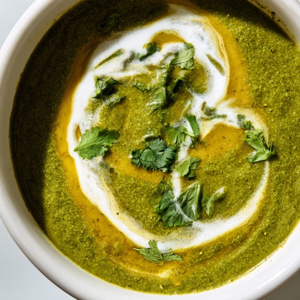 A vibrant green Spinach Coriander Lemongrass Soup in a white bowl, garnished with fresh cilantro and lime wedges for a zesty finish.