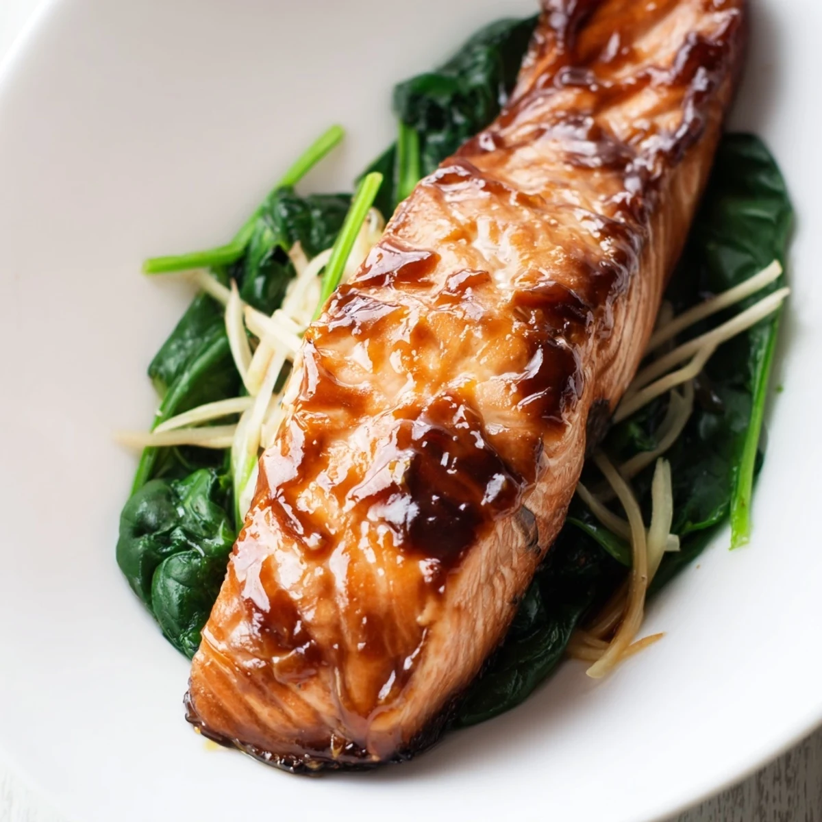 Golden miso salmon fillets glazed to a glossy perfection, served atop a vibrant bed of sautéed spinach with fresh ginger.  