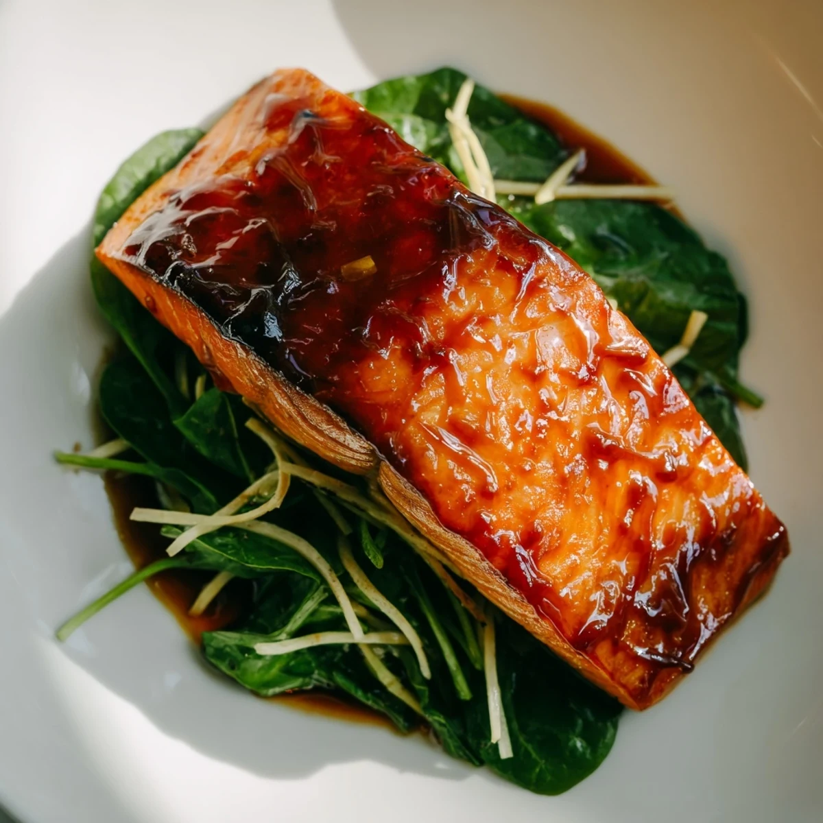 A close-up of miso salmon resting on tender spinach, garnished with lemon wedges for a bright, finishing touch.  