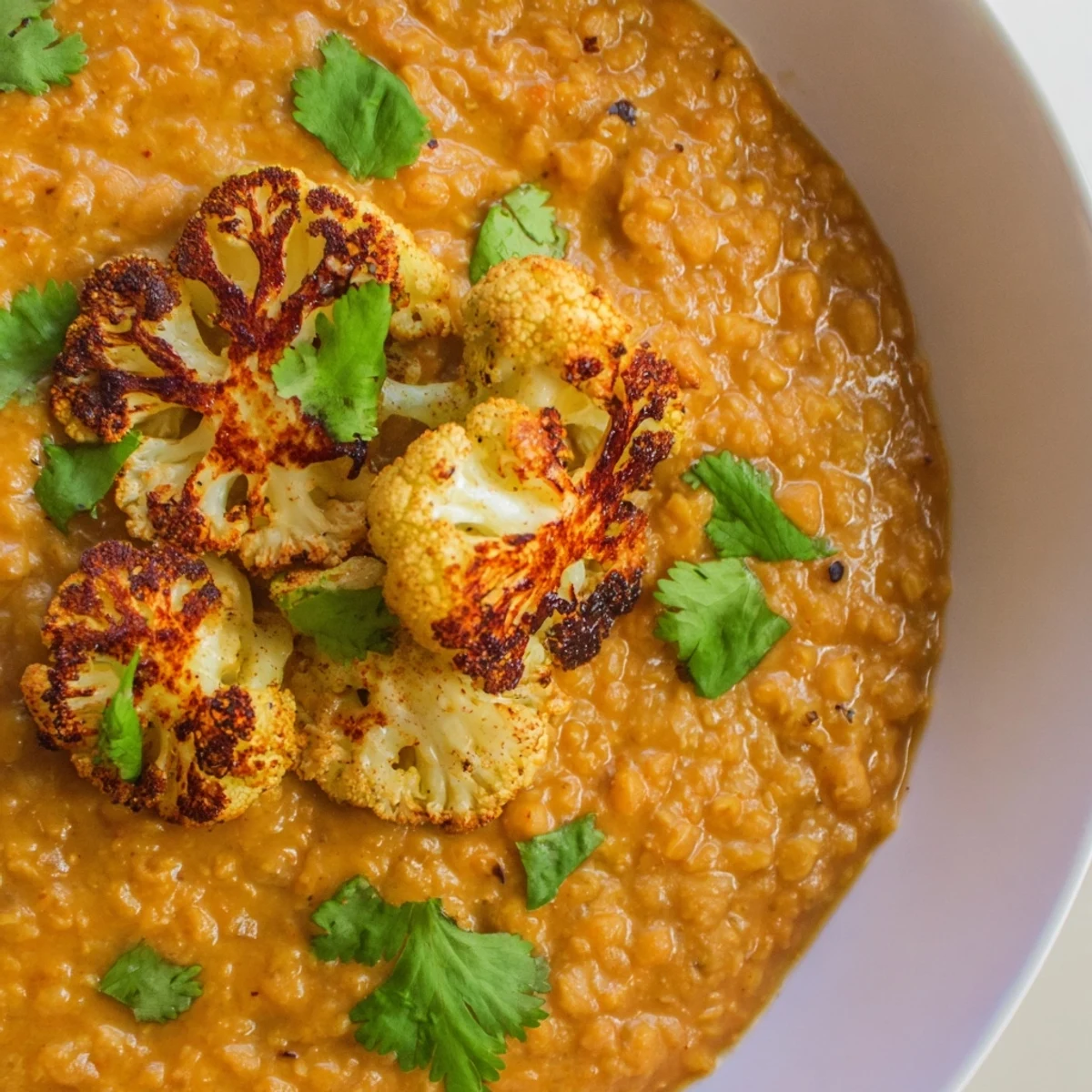 Steaming bowl of homemade Dhal with Cumin-Roasted Cauliflower, topped with fresh cilantro.