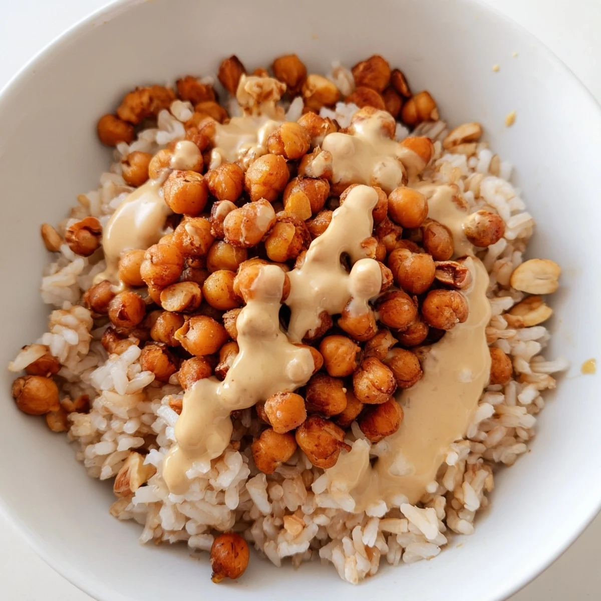 A vibrant Peanut Chickpea Rice Bowl showcases fluffy brown rice topped with chickpeas, shredded veggies, and crunchy peanuts, all drizzled with a creamy peanut dressing.