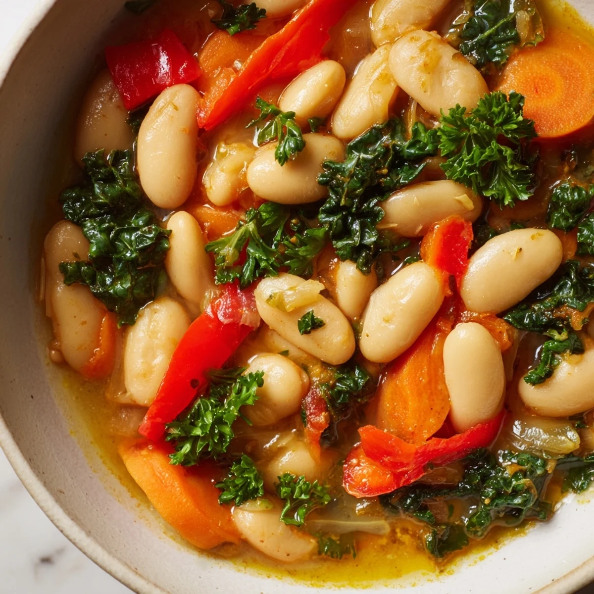 Fragrant Mediterranean White Bean Stew steaming in a bowl, featuring tender white beans, colorful carrots, and kale garnished with fresh parsley.  
