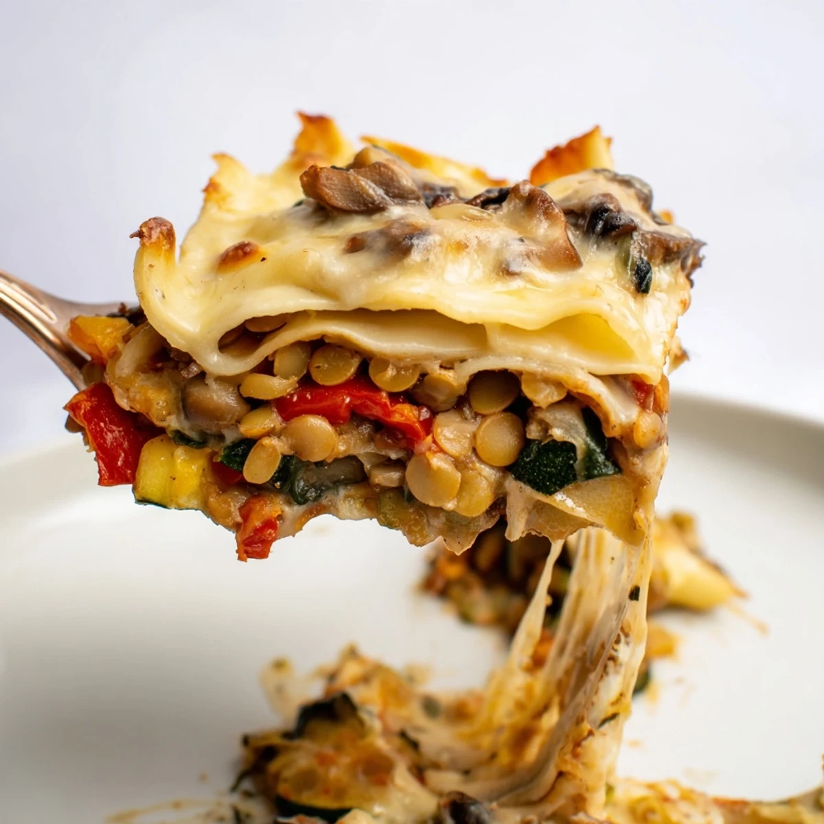 Golden, bubbling One-Pan Smoky Veggie Lentil Lasagne, fresh from the oven, with melted mozzarella and fresh basil garnish.