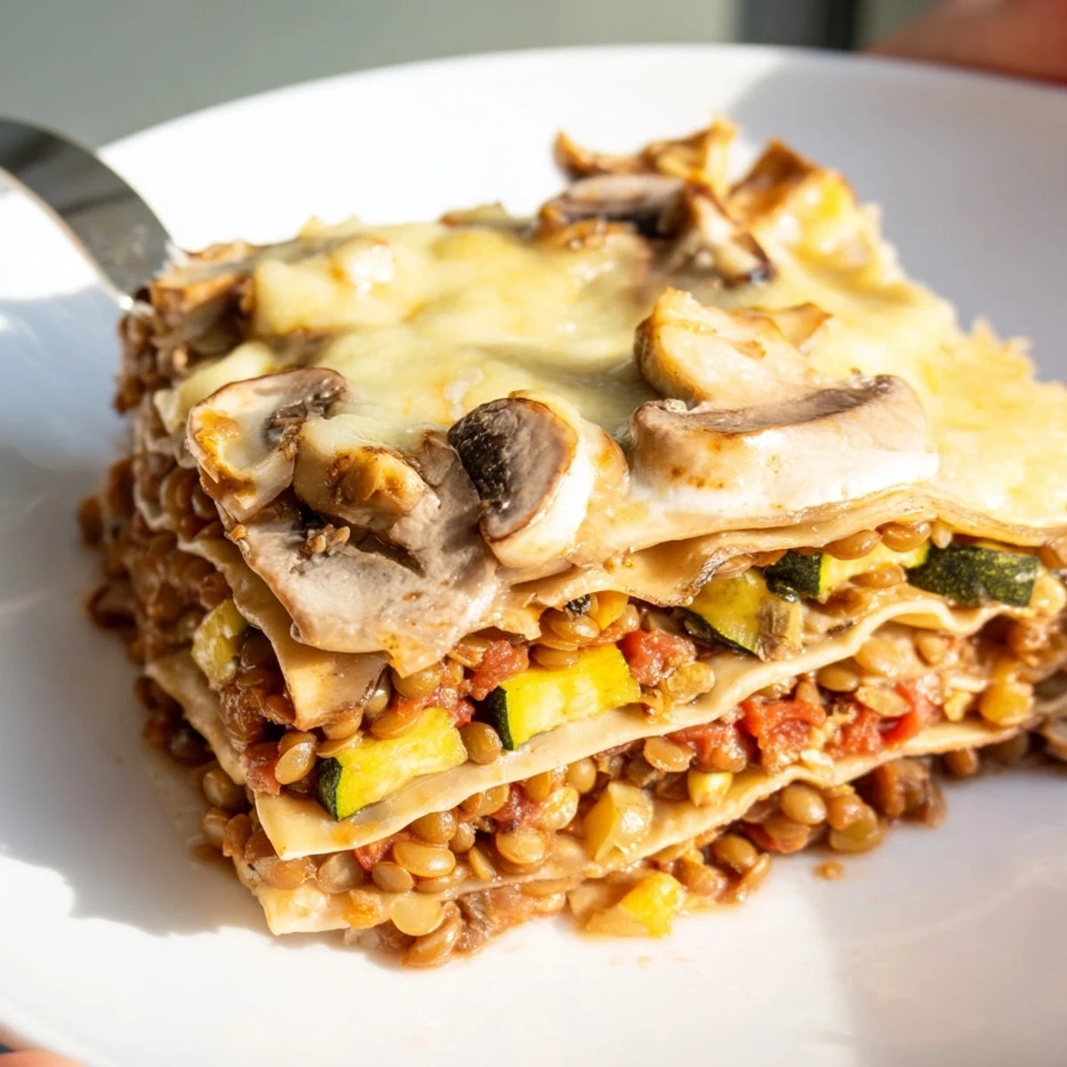 A close-up of hearty One-Pan Smoky Veggie Lentil Lasagne, revealing layers of red lentils, mushrooms, and zucchini in rich béchamel.