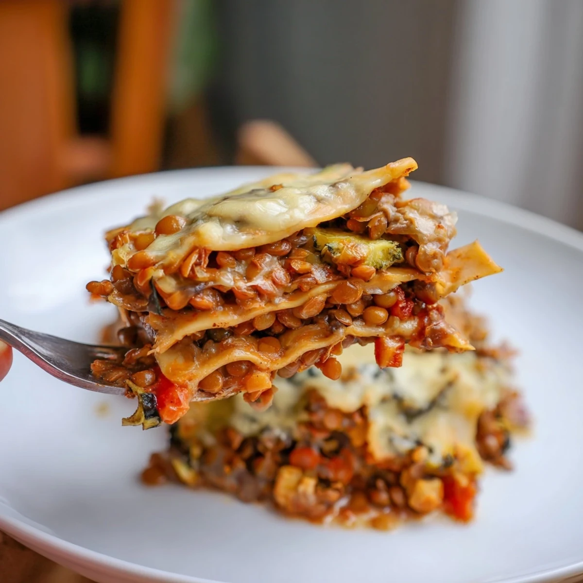 Sliced piece of One-Pan Smoky Veggie Lentil Lasagne on a rustic plate, showing cheesy top and vegetable filling, ready to serve.