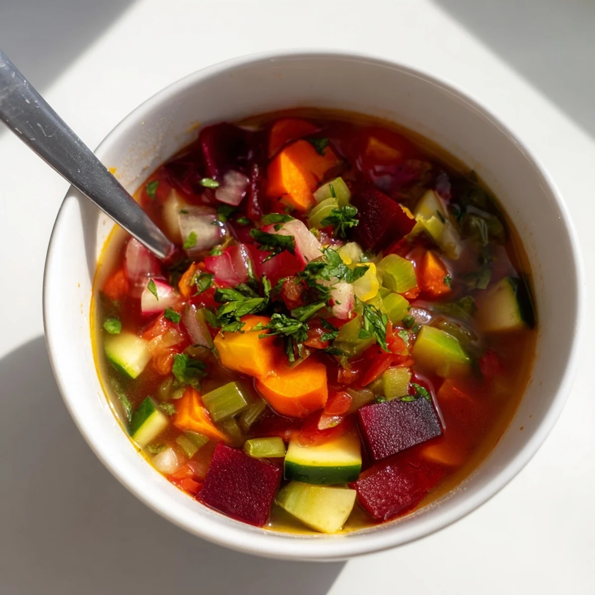 The simmering pot of Rainbow Vegetable Detox Soup is filled with chopped tomatoes, bell peppers, and fresh herbs.
