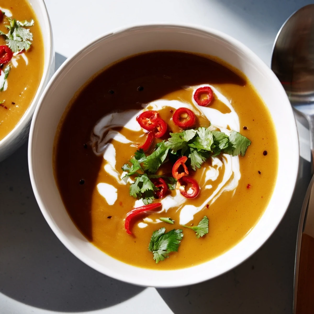 A steaming bowl of Carrot, Celeriac, and Chilli Soup garnished with fresh cilantro and a swirl of vegan yogurt.  