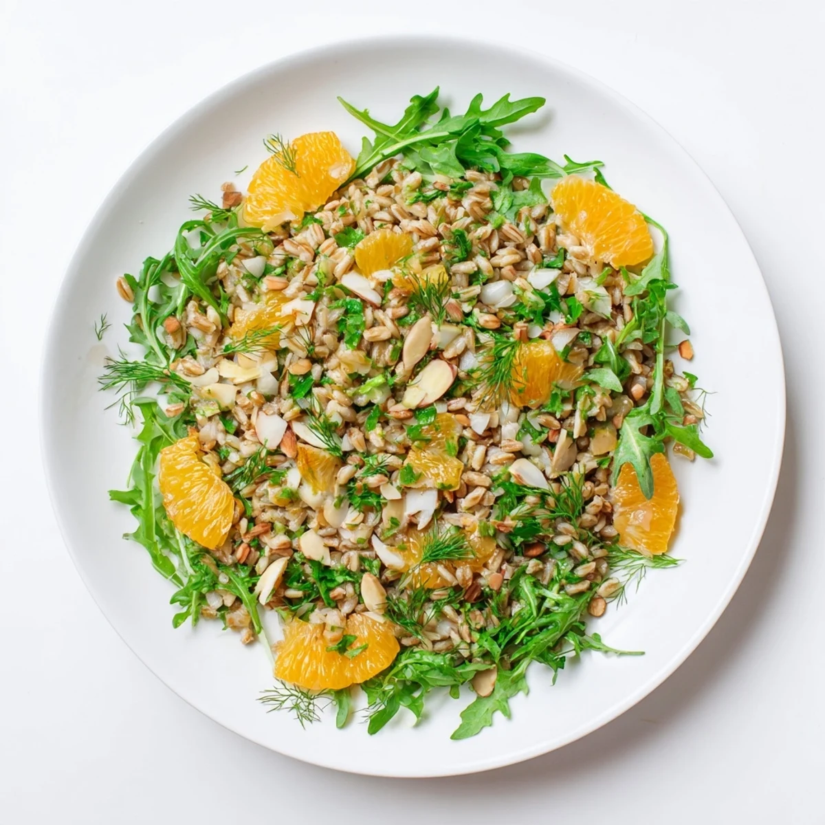 Farro salad with fennel, oranges, and almonds in a white bowl, dressed in citrus vinaigrette and garnished with fresh parsley.  