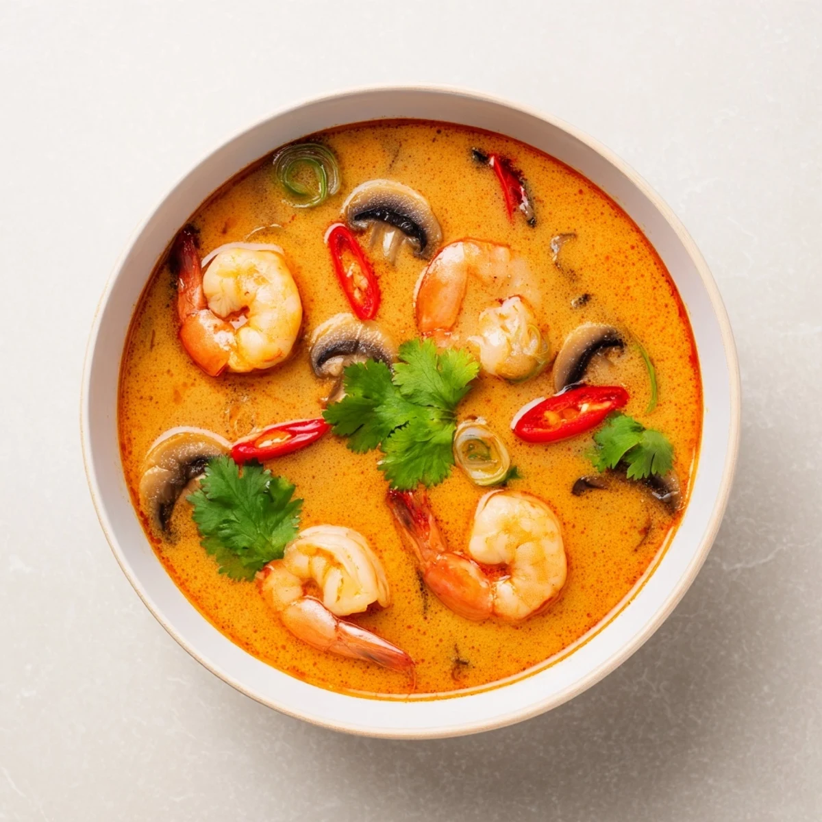 Thai Coconut Shrimp Soup served hot in a white bowl with fresh lime wedges and green onions for a vibrant finish.