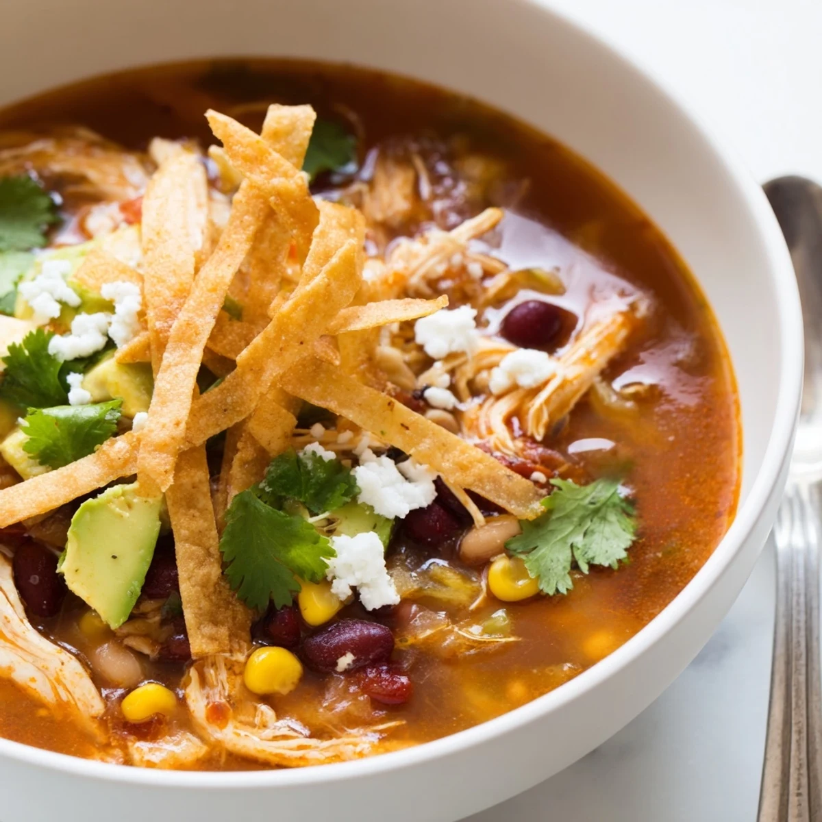 Steaming bowls of hearty Chicken Tortilla Soup feature tender shredded chicken, pinto beans, and a rich, spicy broth topped with crispy corn strips and fresh cilantro.