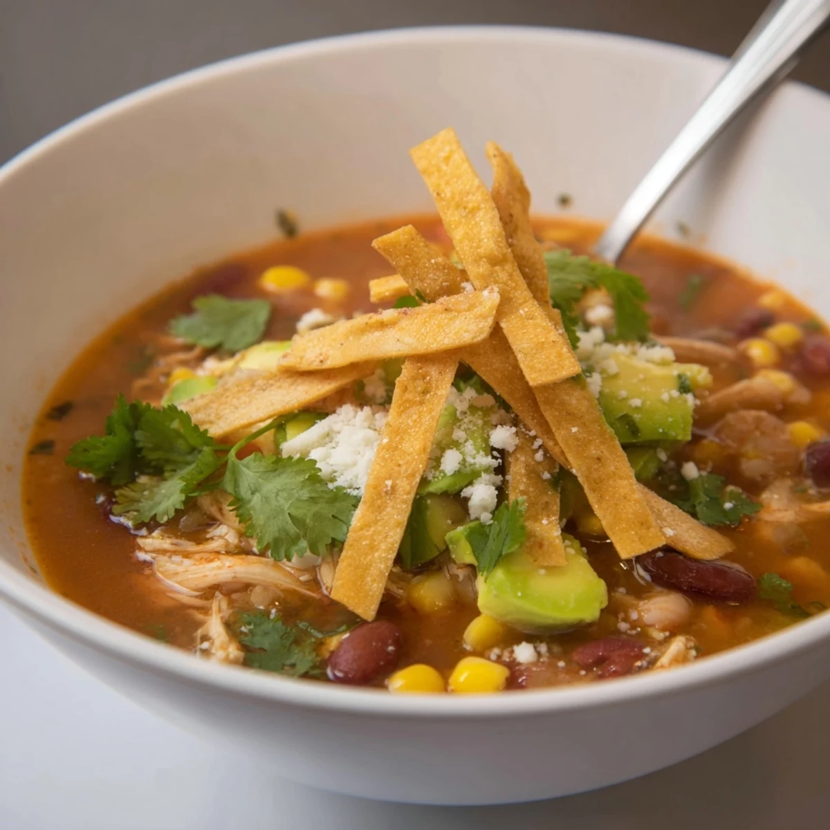 This comforting Chicken Tortilla Soup is served in rustic bowls, showcasing tender chicken, sweet corn, and aromatic spices, ready for a delicious family dinner.