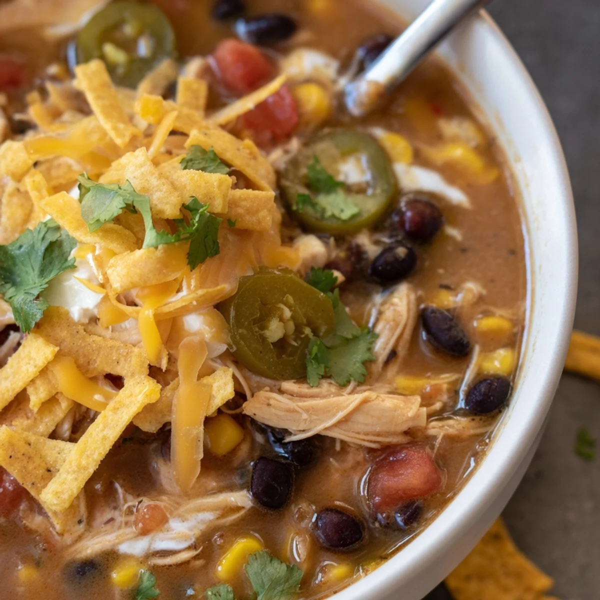 Hearty Easy Chicken Tortilla Soup with tender chicken, black beans, corn, and zesty Rotel tomatoes in a creamy broth.  