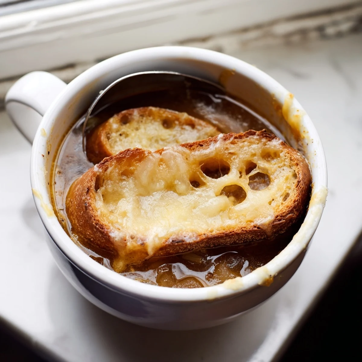 Overhead shot of a savory French onion soup garnished with fresh thyme, revealing the dark, sweet onion broth beneath a thick layer of bubbly, browned Gruyère.