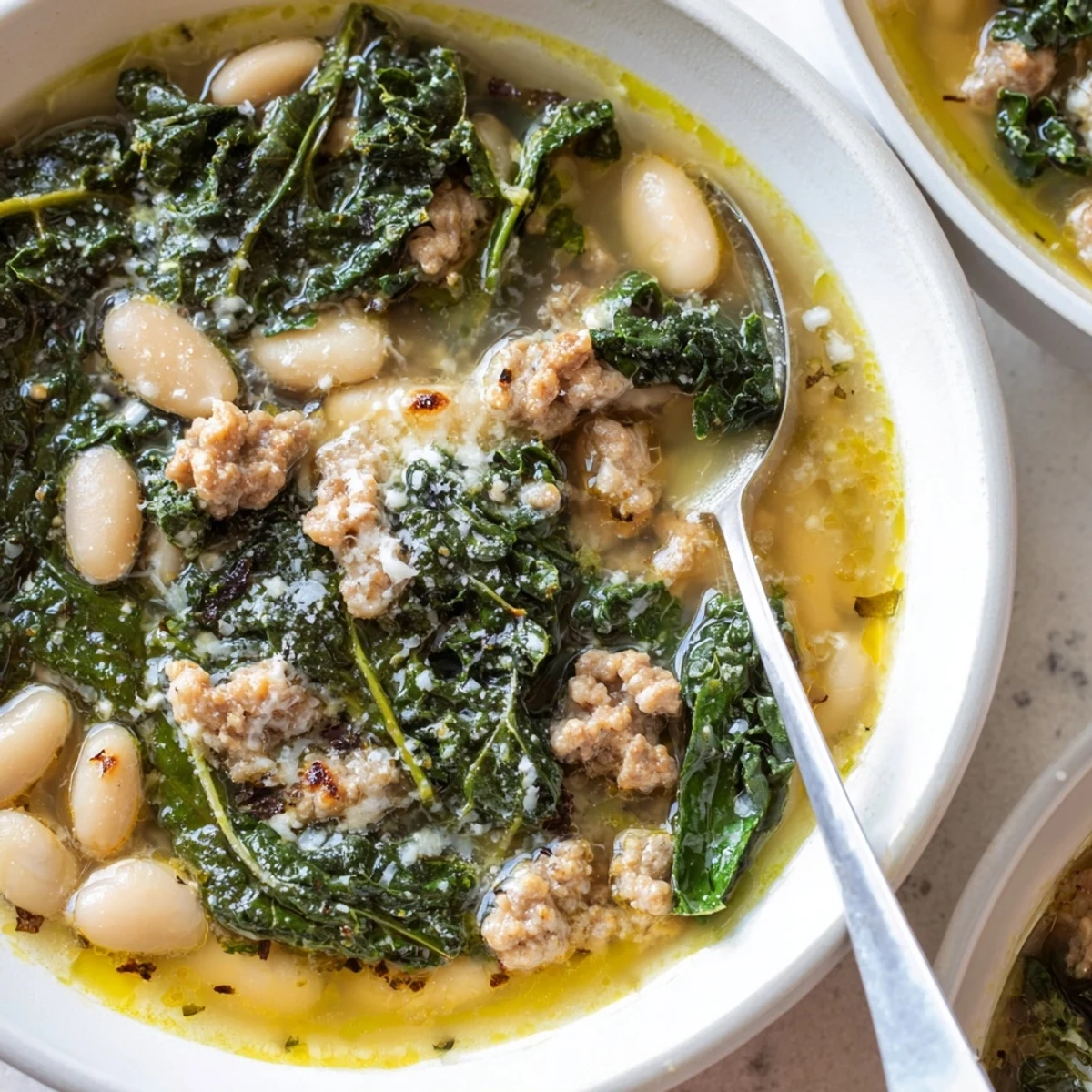 Creamy white beans, spicy Italian sausage, and Tuscan kale create a rustic Italian White Bean Soup served steaming in a rustic bowl.
