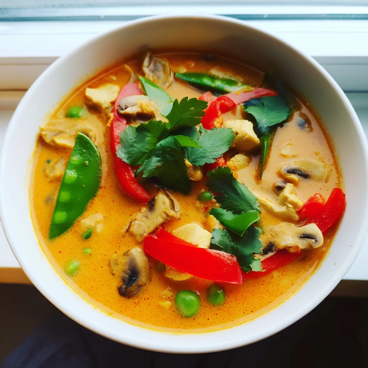 A steaming bowl of Thai Chicken Coconut Curry Soup garnished with cilantro, Thai basil, and lime wedges, served hot.