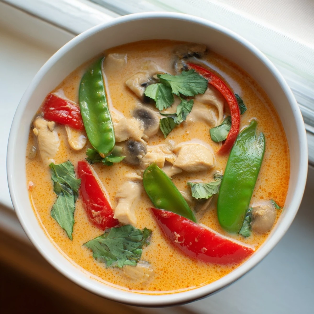 Garnished with fresh herbs and lime, this Thai Chicken Coconut Curry Soup looks vibrant and inviting in a white ceramic bowl.