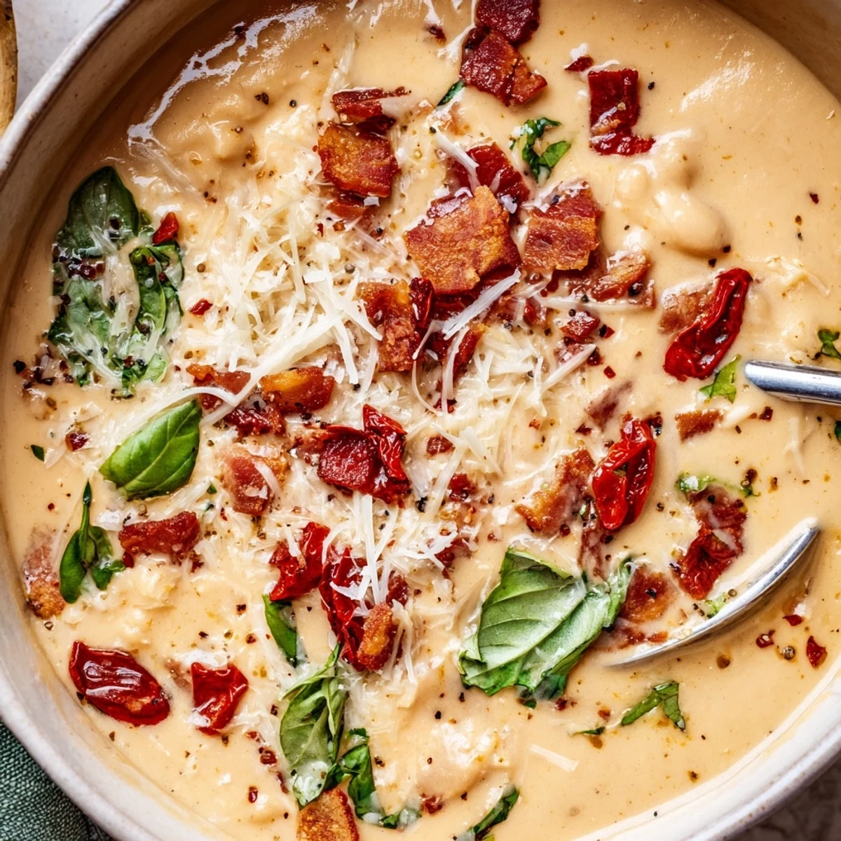 Creamy Tuscan white bean soup simmering in a pot, featuring rich sun-dried tomatoes and herbs for a hearty Italian meal.