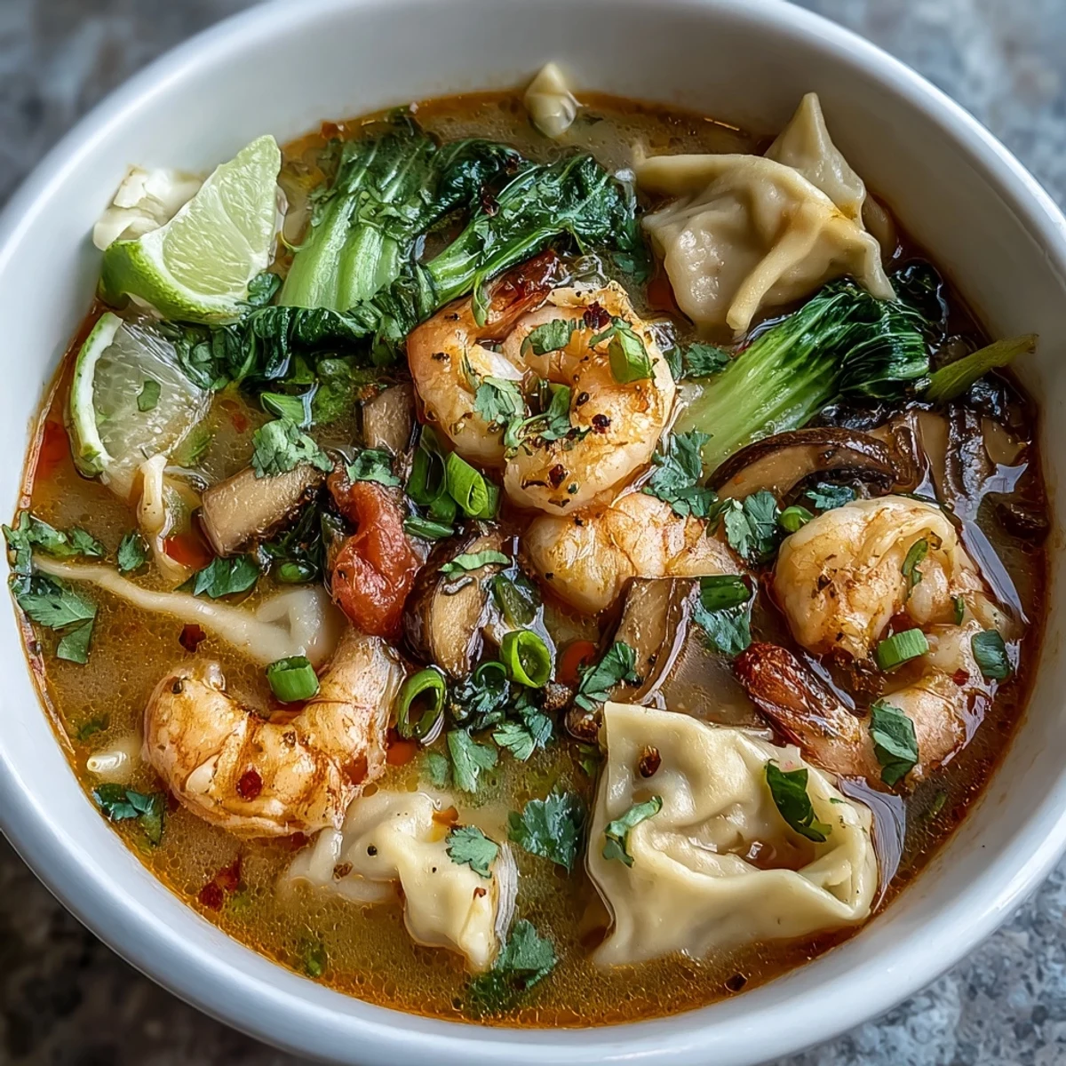 A close-up view of spicy Tom Yum Wonton Soup featuring tender pork dumplings swimming in aromatic red broth with sliced mushrooms and bok choy.  