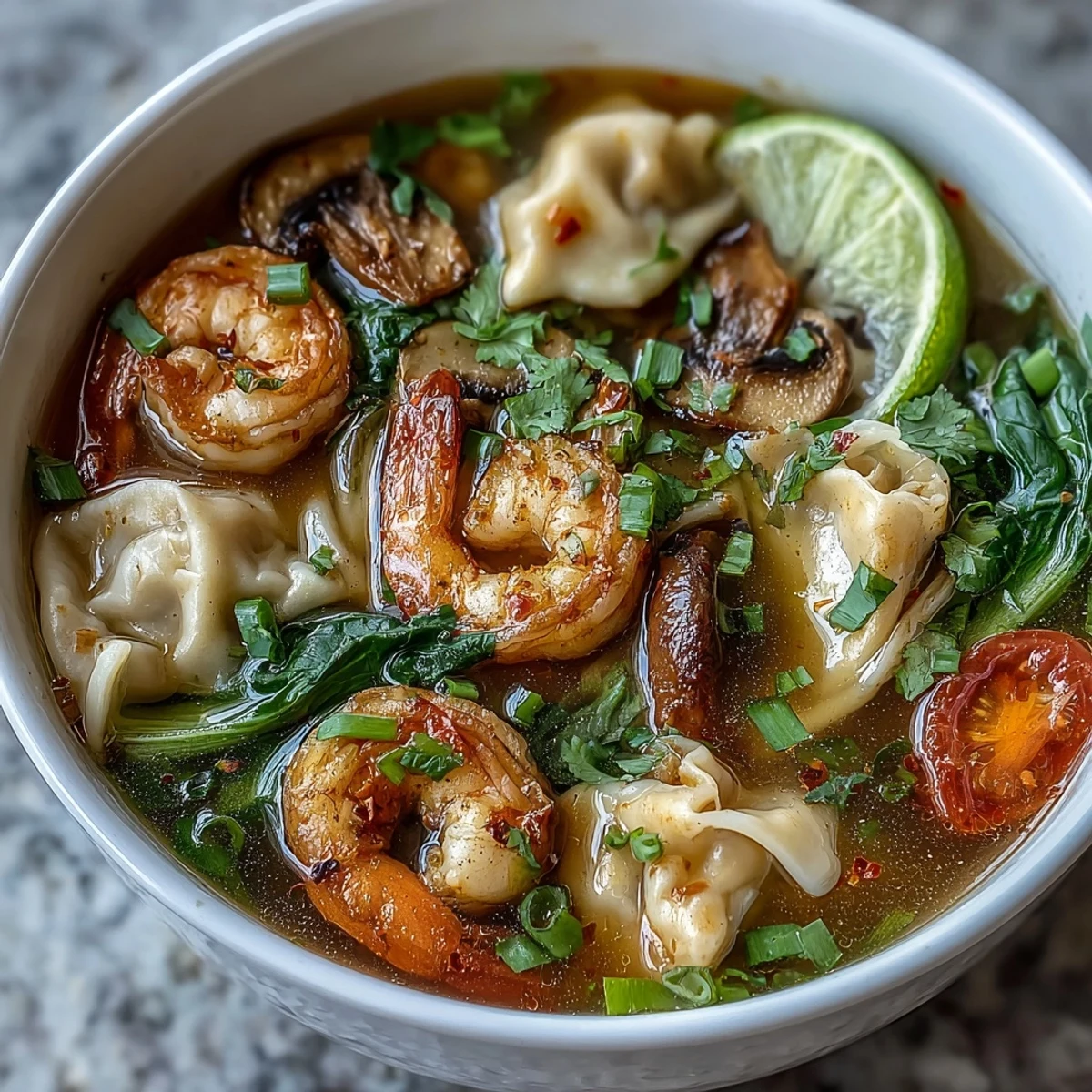 An overhead shot of aromatic Tom Yum Wonton Soup with wontons, shiitake mushrooms, and baby bok choy in a clear, tangy broth.