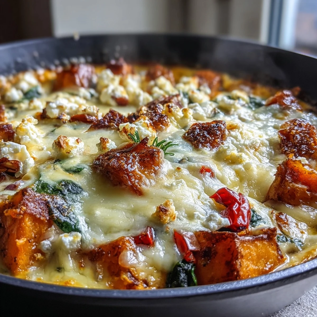 Golden-brown Easy Sweet Potato Egg Casserole with melted cheddar, served warm for a comforting breakfast.