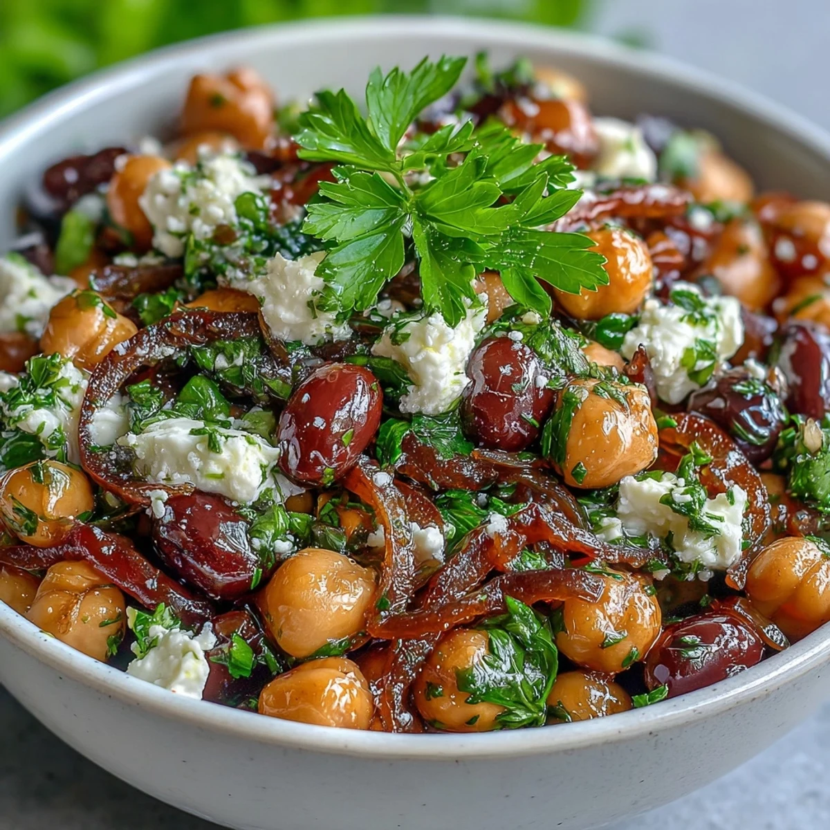 Freshly tossed Divorce Salad in a rustic bowl features chickpeas, black beans, feta, and vibrant red onion slices.
