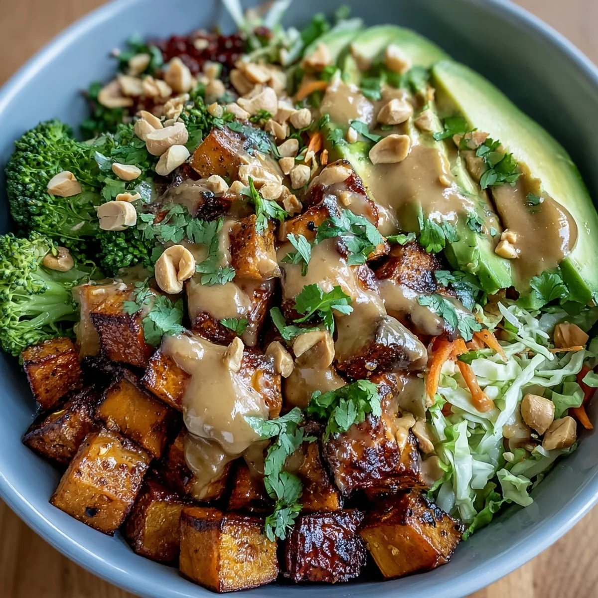 Freshly roasted sweet potatoes and crunchy veggies in a colorful Thai Peanut Sweet Potato Buddha Bowl, drizzled with savory peanut sauce.