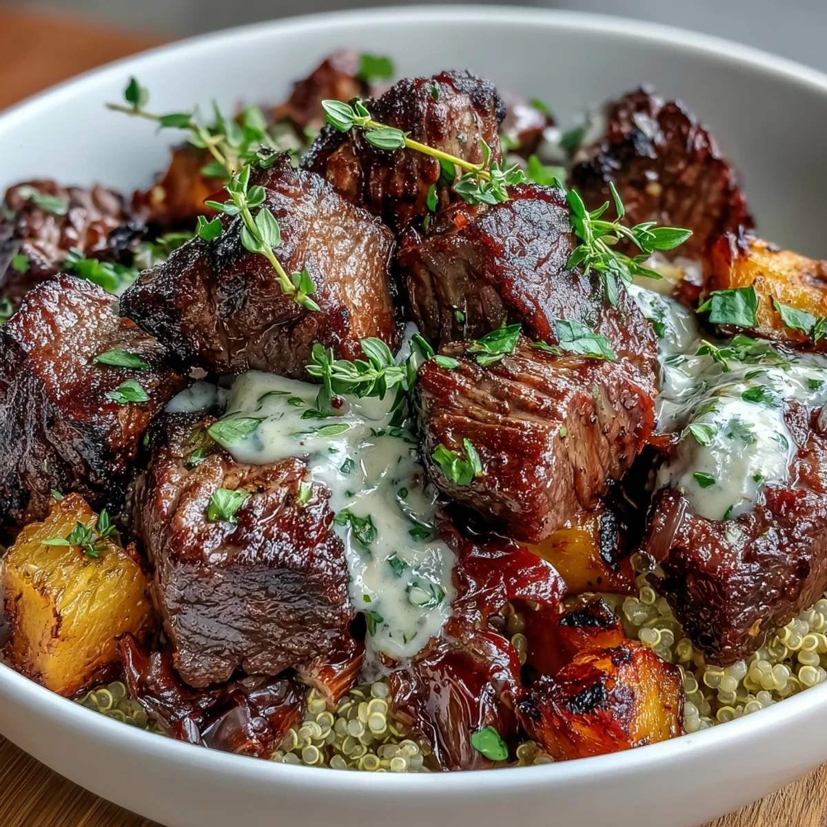 Golden roasted butternut squash and tender garlic herb steak pieces nestled over a fluffy bed of quinoa, drizzled with creamy garlic herb sauce.